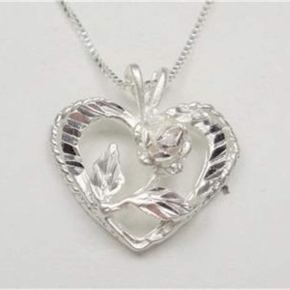 STERLING SILVER LOVE HEART WITH ROSE NECKLACE